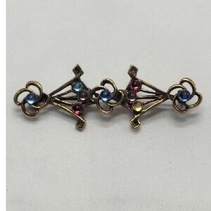 Vintage Brass Brooch With Multicolor Glass Bead Accents 2.5" Victorian Revival
